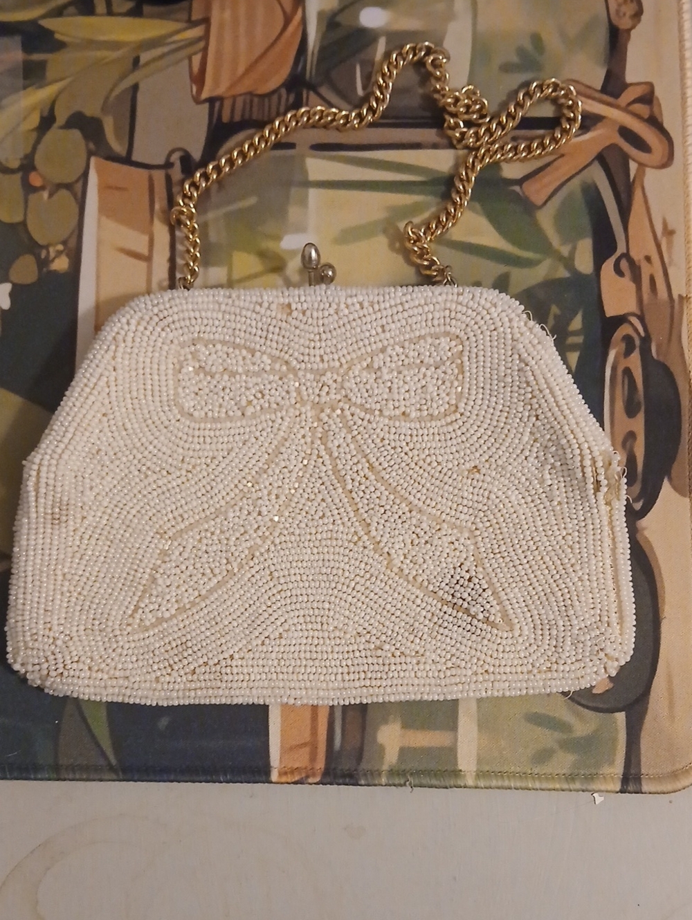 Antique Silk Beaded Bow Clutch Purse